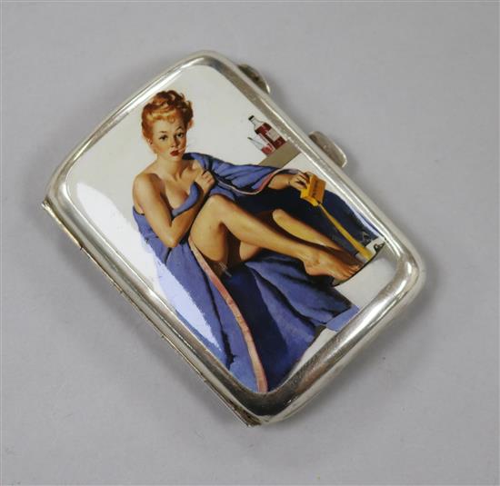 A George V silver and transfer print decorated cigarette case by William Hair Haseler, Birmingham, 1924, 86mm.